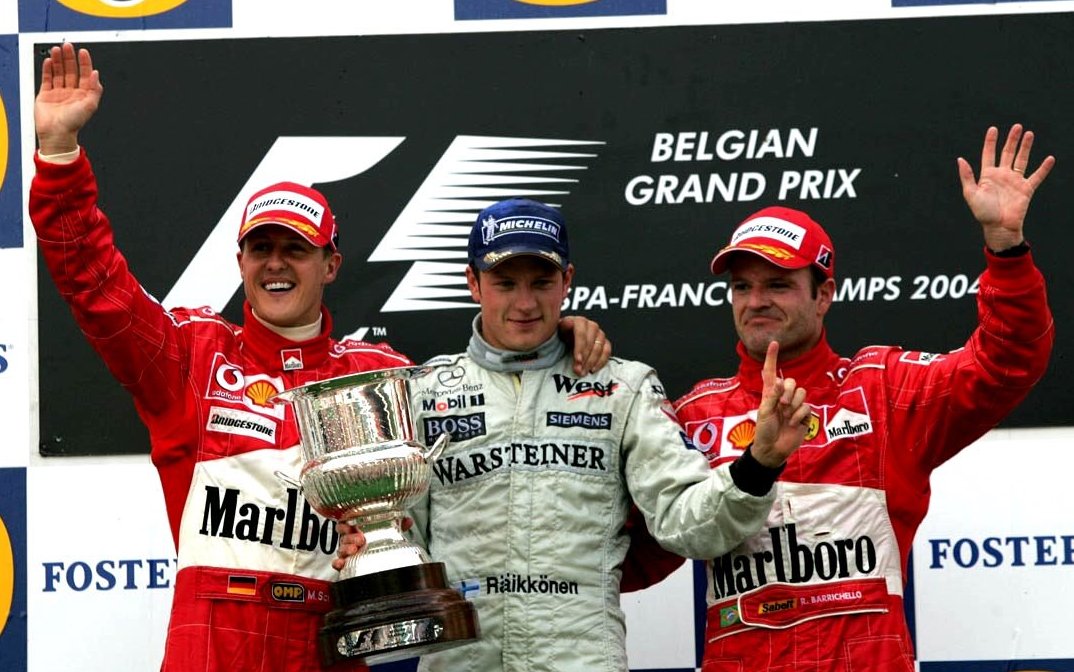 Гран-при Бельгии 2004. Шумахер (2), Райкконен (1), Баррикелло (3)