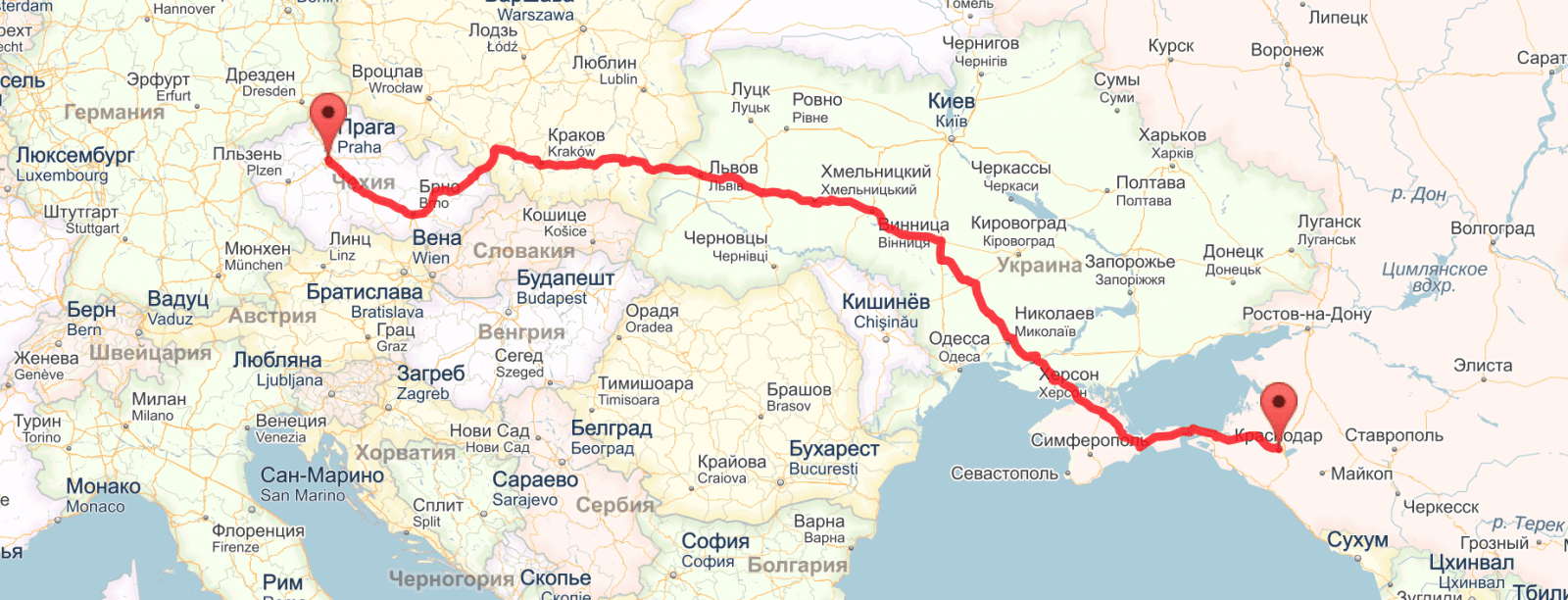 Автомобильный маршрут: Краснодар-Прага 2377 км. 